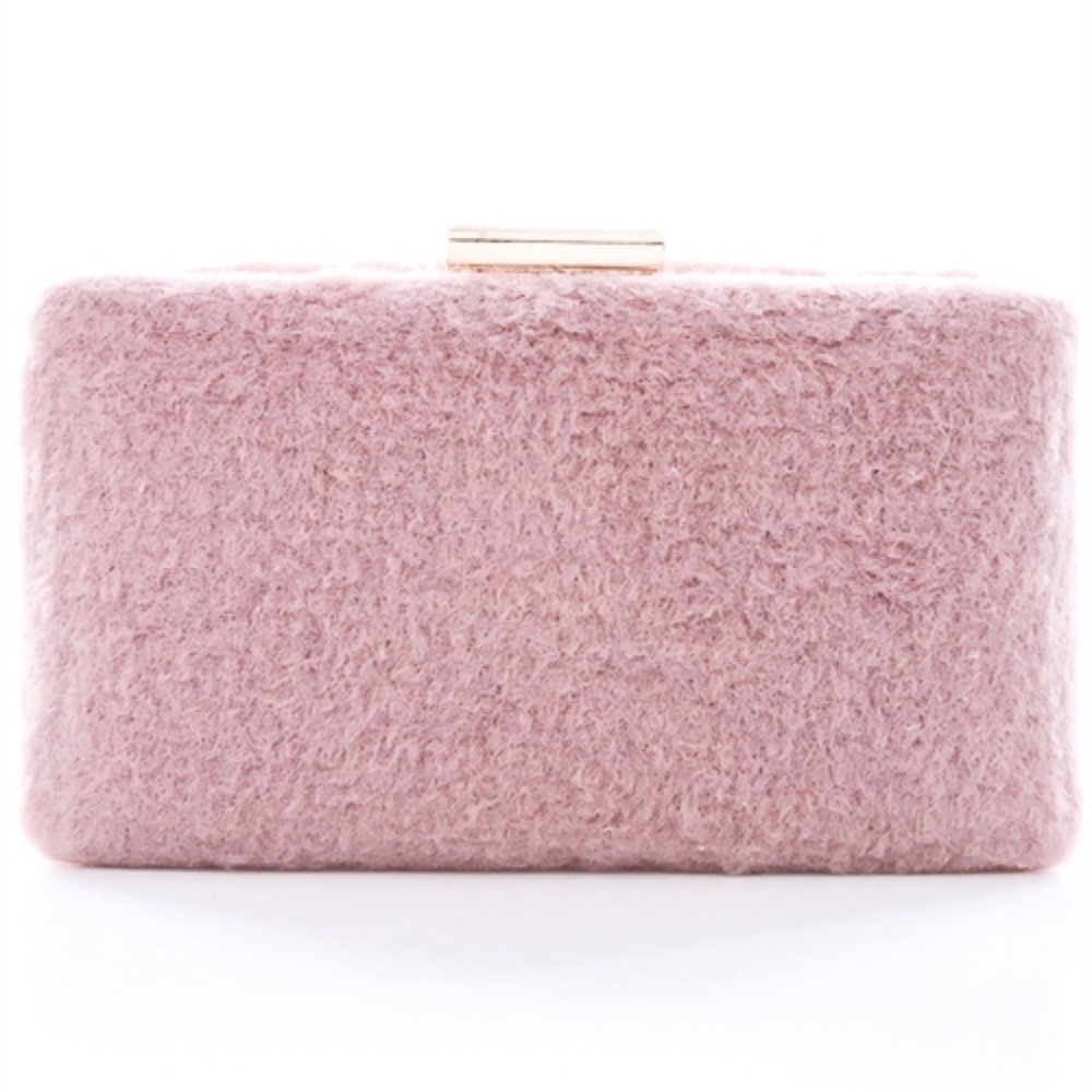 GWEN FUZZY RECTANGLE FAUX FUR CLUTCH DUSTY PINK - Picture 1 of 5